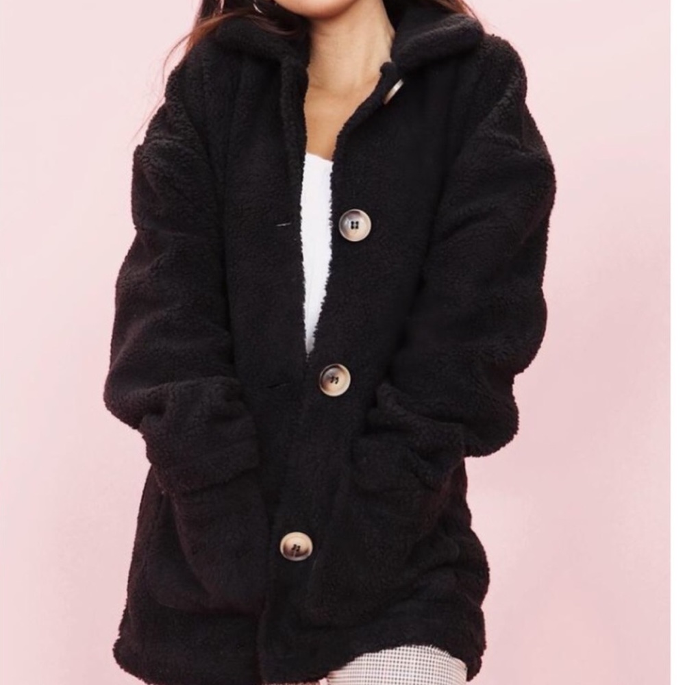 Black Fluffy Pile Coat